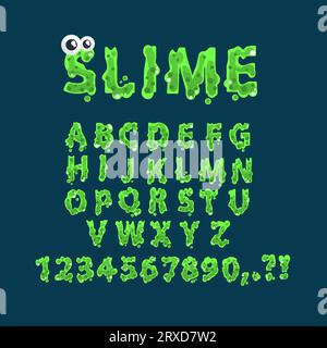 Schleimalphabet. Grüne radioaktive schlanke, klebrige Tropf Goo Flow Schriftart, halloween gruselige Monster Alien, leuchtende Gooey Buchstaben und giftige Zahlen, Vektor-Illustration des Alphabets halloween radioaktiv Stock Vektor