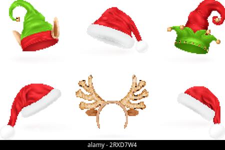 Realistische weihnachtsmützen. Geweih Rentier Hut oder noel Stirnband, Elf santa rote Kappe Xmas Kostüm Foto Stand Winterdekoration magische Elfen Maske Set anständige Vektor-Illustration von weihnachtsmützen Stock Vektor