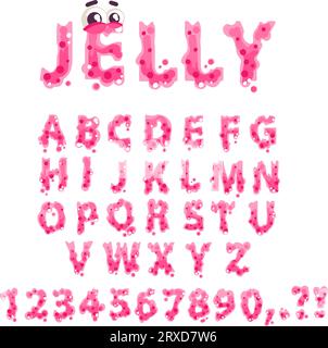 Pinkfarbene Schleimschrift. Gummialphabet, tropfende geschmolzene Buchstaben Karikatur Bubblegum Kind Typografie, süße Gelee Tropfen Flüssigkeit klebrige Textart Nummer und Buchstabe, klassische Vektor-Illustration von Alphabet Slime Stock Vektor
