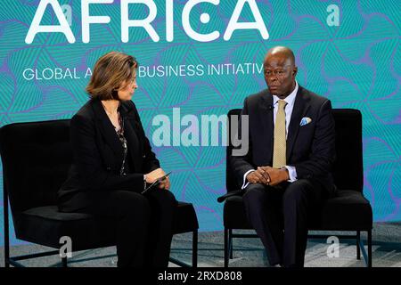 New York, New York, USA. , . Zain Verjee, Wale Edun während der 2023 UNSTOPPABLE AFRICA Conference, die von der Global African Business Initiative vorgestellt wurde, im Westin Grand Central in New York City, September 21-22 2023. Quelle: Jennifer Graylock/Alamy Live News Stockfoto