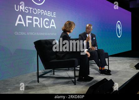 New York, New York, USA. , . Zain Verjee, Wale Edun während der 2023 UNSTOPPABLE AFRICA Conference, die von der Global African Business Initiative vorgestellt wurde, im Westin Grand Central in New York City, September 21-22 2023. Quelle: Jennifer Graylock/Alamy Live News Stockfoto