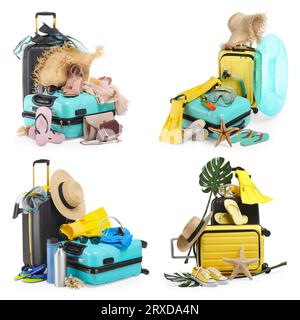 Set mit Koffern und Strandaccessoires isoliert auf weiß Stockfoto