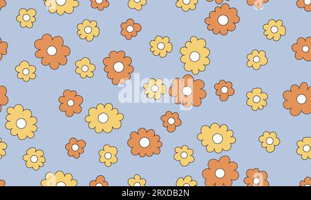 Trendiges nahtloses Blumenmuster. Satz von Vintage 70er Jahre Stil Blume blau Hintergrund Illustration. Buntes, grooviges Artwork-Paket in Pastellfarben, y2k Nature Stock Vektor
