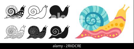 Schnecke mit kindlicher Verzierung Cartoon-Set. Lustige Mollusken-Silhouettenform oder -Symbol, Doodle-Tätowierung, Stempel oder linear verzierte Schnecken-Kollektion. Fröhliches abstraktes Comic-Schneckendesign. Detaillierter untergeordneter Vektor Stock Vektor