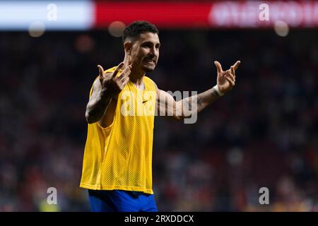 MADRID, SPANIEN - 24. SEPTEMBER: José María Giménez von Atletico de Madrid während des Spiels La Liga 2023/24 zwischen Atletico de Madrid und Real Madrid im Civitas Metropolitano Stadion. (Foto: GMA) Credit: Guillermo Martinez/Alamy Live News Stockfoto