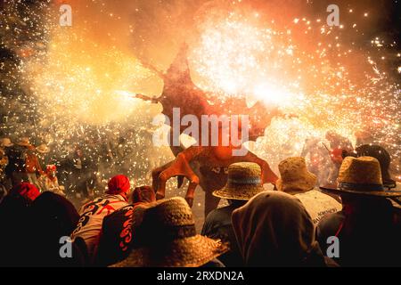 Tarragona, Spanien. September 2023 25. „Correfocs“ (Feuerläufer) zündeten ihr Feuerwerk unter einer jubelnden Zuschauermenge beim „Santa Tecla Festival“ in Tarragona an. Quelle: Matthias Oesterle/Alamy Live News Stockfoto