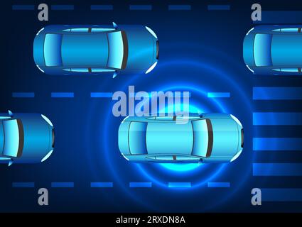 Fahrzeugtechnologie, die ein Alarmsystem um das Fahrzeug herum hat, wenn sich andere Fahrzeuge nähern. Es handelt sich um eine Innovation, die die Sicherheit für die Benutzer erhöht. Auto mit Stock Vektor