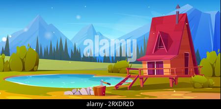 Holzhütte am Ufer eines kleinen Sees in der Nähe felsiger Berge. Karikaturvektorlandschaft mit Hügeln am Horizont, Bäumen und Büschen, Wasserteich und gemütlichem Holzhaus oder Landhaus für den Sommerurlaub. Stock Vektor