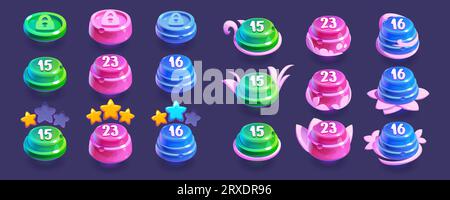 Zuckerspiel-ui-Level-Anzeige zur Auswahl von Sternensymbol-Zeichentrickdesign. Option „Schaltfläche abschließen“ und „Jelly Glossy Button Collection“ sperren. Drücken Sie auf das Clipart-Kit für verschiedene Süßigkeiten, um ein mobiles Videospiel zu starten Stock Vektor