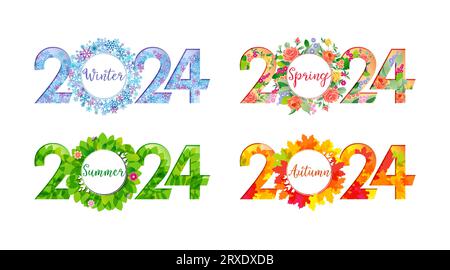 Set mit Logos für kreative Nummern 2024. Frohes neues Jahr 2024 oder frohe Winter-, Frühling-, Sommer- und Herbstsaison. Symboldesign. Saisonale Dekoration. Web-Zeichen Stock Vektor