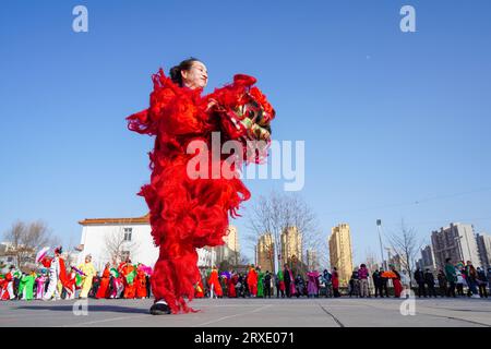 Luannan County, China - 29. Januar 2023: Die Menschen führen Löwentänze auf den Straßen während des Frühlingsfestes im Luannan County, Provinz Hebei, China auf Stockfoto