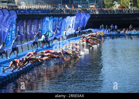 Pontevedra, Spanien. September 2023. Pontevedra, Spanien, 24. September 2023: Triathleten springen bei den Elite-Frauen-Triathlon-Weltmeisterschaften 2023 am 24. September 2023 in Pontevedra, Spanien, ins Wasser. (Foto: Alberto Brevers/Pacific Press) Credit: Pacific Press Media Production Corp./Alamy Live News Stockfoto