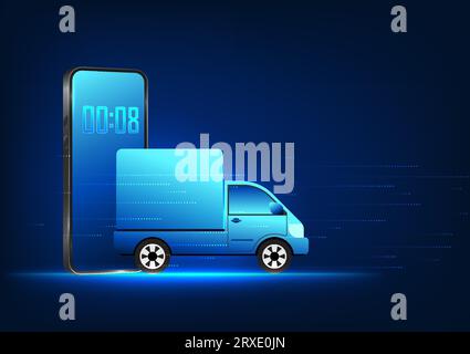 Smartphone-Technologie Transportfahrzeuge, die von Mobiltelefonen durchbrechen es bezieht sich auf Online-Shopping und die Auslieferung des Produkts durch den Verkäufer. Stock Vektor