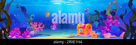 Unterwasserwelt mit Schatztruhe. Meeresboden fabelhafte Landschaft für tropisches Aquarium Design. Blühende aquatische tiefe Algen Illustration mit Schwämme und Algenpflanzen Zeichnung Cartoon Stock Vektor