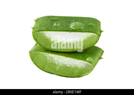 Frische Aloe Vera-Scheibe mit Aloe Vera-Geltropfen isoliert auf weißem Hintergrund. Aloe Vera-Blattscheibe für die Gestaltung von Pflanzenheilkunde oder Hautpflegebehandlung Stockfoto
