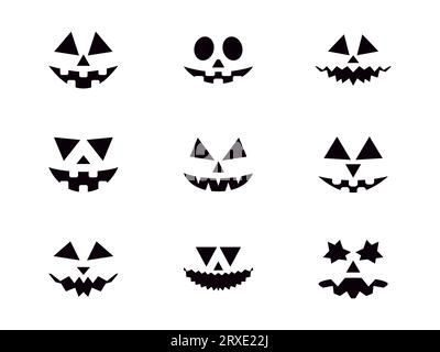 Halloween geschnitzte Kürbis Gesicht Set isoliert auf weißem Hintergrund. Symbolsammlung „Gruselgesichter“. Happy Halloween 31. Oktober, Trick or Treat. Jack-o-Lant Stock Vektor