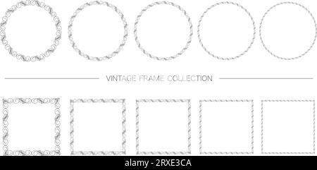 Runde und quadratische dekorative Vintage-Rahmen isoliert auf weißem Hintergrund. Vektorillustration. Stock Vektor