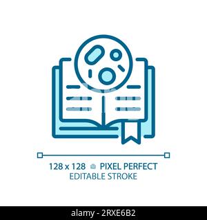 2D anpassbares blaues Buch mit dünnen Linien und Bakteriensymbol Stock Vektor