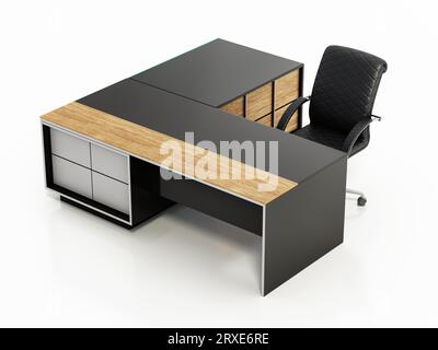 Moderner Bürotisch und Sessel mit Rädern isoliert auf weißem Hintergrund. 3D-Illustration. Stockfoto