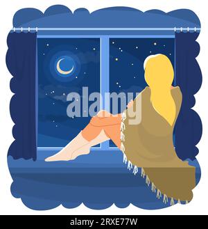 Junge Frau, die auf der Fensterbank sitzt und am Sternenhimmel beobachtet Stock Vektor
