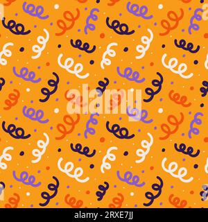 Buntes, nahtloses Muster für Halloween-Partys. Niedliche orangeviolette weiße Elemente mit Punkten. Doodle-Hintergrund-Illustration der Herbstfeier Stock Vektor