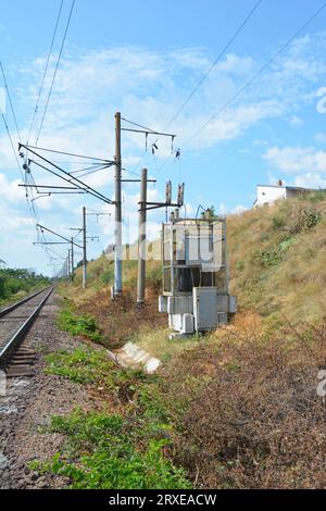 Schienenstromtransformator. Hochspannungstransformator-Umspannwerk in der Nähe der Eisenbahnen zur Stromversorgung von Elektrozügen Stockfoto