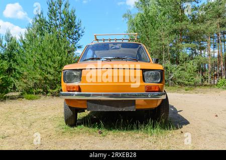 Ein altes italienisches Auto, das allein im Wald auf dem Gras steht. Idealer Zustand. Sommer- und Urlaubsreise. Stockfoto