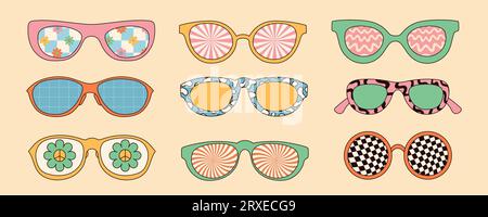 Kollektion grooviger Hippie-Sonnenbrillen im trendigen Retro-Psychedelic-Stil. Vektorillustration. Stock Vektor