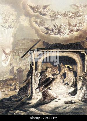 Die Geburt Jesu in Bethlehem von Judäa. Farbige Illustration für das Leben unseres Herrn Jesus Christus, geschrieben von den vier Evangelisten, 1853 Stockfoto
