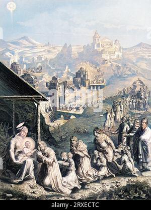 Die Anbetung der Könige. Farbige Illustration für das Leben unseres Herrn Jesus Christus, geschrieben von den vier Evangelisten, 1853 Stockfoto