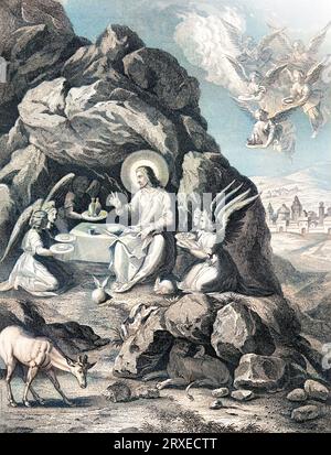 Jesus wird von Engeln begleitet. Farbige Illustration für das Leben unseres Herrn Jesus Christus, geschrieben von den vier Evangelisten, 1853 Stockfoto