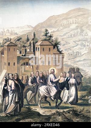 Jesus zieht von Bethlehem nach Jerusalem. Farbige Illustration für das Leben unseres Herrn Jesus Christus, geschrieben von den vier Evangelisten, 1853 Stockfoto