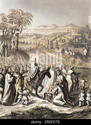 Der triumphale Einzug Jesu nach Jerusalem. Farbige Illustration für das Leben unseres Herrn Jesus Christus, geschrieben von den vier Evangelisten, 1853 Stockfoto