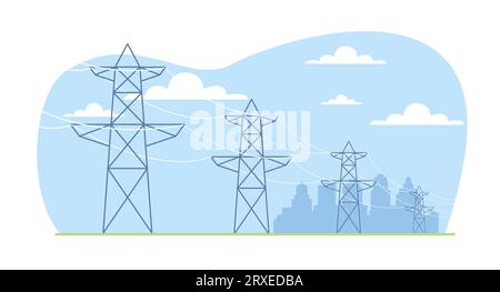 Das Hochspannungsverteilernetz unterstützt die Übertragung von elektrischer Energie an die Stadt. Elektrisches Getriebe. Industrielandschaft. Leitungen und Türme. Cartoon flach Stock Vektor