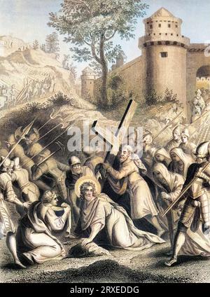 Via Crucis. Simon von Kyrene hilft Jesus, sein Kreuz zu tragen. Farbige Illustration für das Leben unseres Herrn Jesus Christus, geschrieben von den vier Evangelisten, 1853 Stockfoto