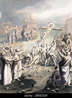 Jesus wird am Kreuz gekreuzigt. Farbige Illustration für das Leben unseres Herrn Jesus Christus, geschrieben von den vier Evangelisten, 1853 Stockfoto