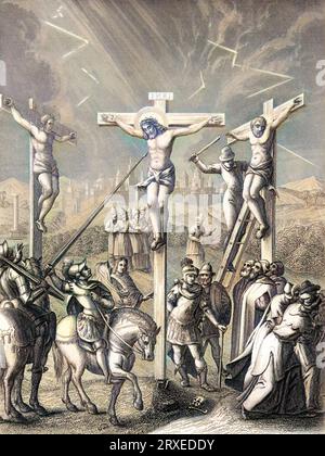 Römischer Soldat durchbohrte Jesu Seite mit Speer, während er am Kreuz hing. Farbige Illustration für das Leben unseres Herrn Jesus Christus, geschrieben von den vier Evangelisten, 1853 Stockfoto