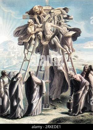 Der Leichnam Jesu wird vom Kreuz genommen. Farbige Illustration für das Leben unseres Herrn Jesus Christus, geschrieben von den vier Evangelisten, 1853 Stockfoto