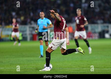 Nemanja Radonjic vom FC Turin während des Spiels der Serie A zwischen dem FC Turin und AS Roma am 24. September 2023 im Olympiastadion Grande Torino in Turin, Stockfoto