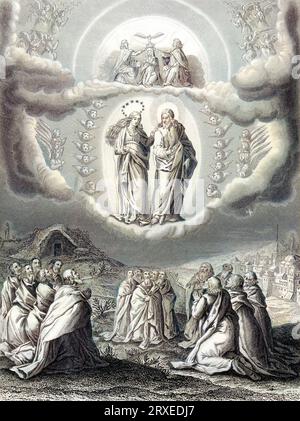 Die Jungfrau Mutter Gottes wurde nach ihrer Annahme physisch zur Königin des Himmels gekrönt. Farbige Illustration für das Leben unseres Herrn Jesus Christus, geschrieben von den vier Evangelisten, 1853 Stockfoto