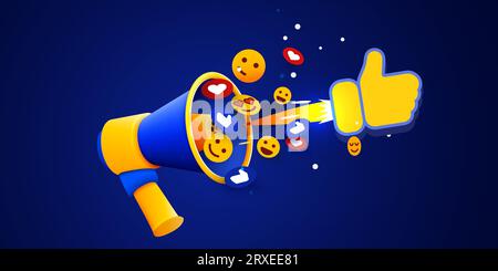 Megaphon mit fliegenden Social-Media-Symbolen. Konzept der Geschäftsankündigung. Vektorillustration Stock Vektor