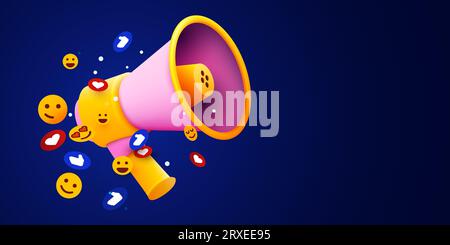 Megaphon mit fliegenden Social-Media-Symbolen. Konzept der Geschäftsankündigung. Vektorillustration Stock Vektor