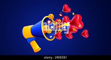 Megaphon mit fliegenden Social-Media-Symbolen. Konzept der Geschäftsankündigung. Vektorillustration Stock Vektor