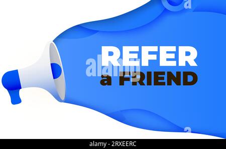 Megaphon mit Vektor-Konzept für das Wort „Empfehlen eines Freundes“. Landing-Page-Vorlage, ui, Web, mobile App, Poster, Banner, Flyer, Hintergrund. Vektorillustration Stock Vektor