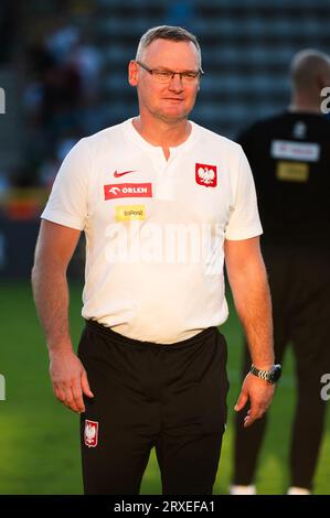 LEGNICA, POLEN - 11. SEPTEMBER 2023: Freundschaftsfußballspiel unter 20 Elite League Polen gegen Deutschland 1:1. Cheftrainer von Polen Milosz Stepinski. Stockfoto