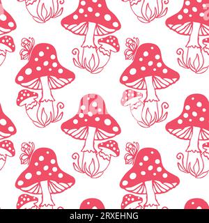Nahtloses Muster im Herbst mit roten Pilzen für Textildesign oder Tapete, Sammelalbum. Vektorhintergrund mit handgezeichnetem Element. Stock Vektor