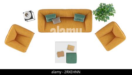 Hochwinkelansicht eines Wohnzimmers mit orangem Sofa und Sessel auf weißem Hintergrund - 3D-Rendering Stockfoto