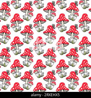 Nahtloses Muster im Herbst mit roten Pilzen für Textildesign oder Tapete, Sammelalbum. Vektorhintergrund mit handgezeichnetem Element. Stock Vektor