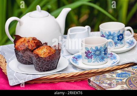 Traditionelles britisches Teeset mit Teekanne, Tassen und ein paar Muffins im Garten, um das Frühstück zu beginnen Stockfoto