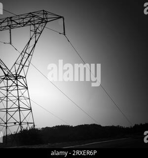 Leistungsstarker elektrischer Turm und Leitungen. Stockfoto